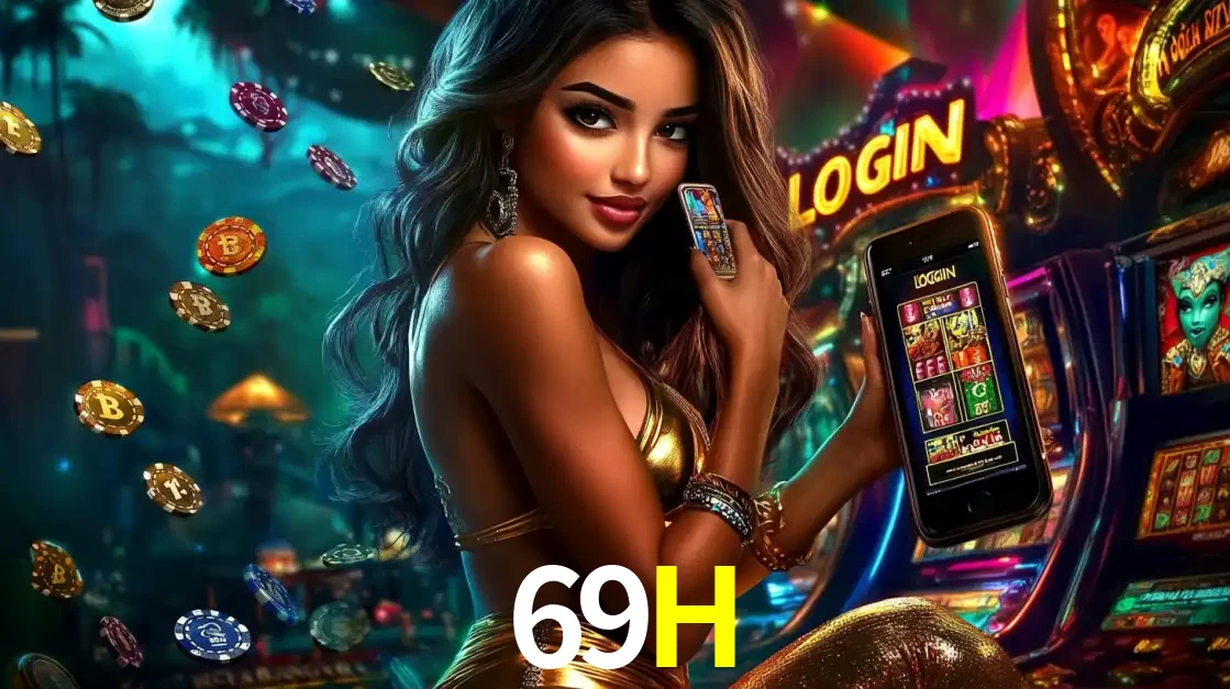 Mulher em um cenário de cassino temático de aventura, mostrando o app de caça-níqueis da 69H no celular. Fichas de apostas flutuam ao redor.