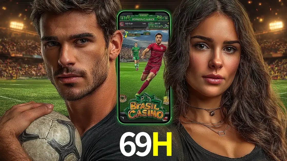 Homem segurando uma bola de futebol e uma mulher ao lado de um smartphone exibindo o jogo de apostas esportivas da 69H. Faça seu palpite no cassino online.